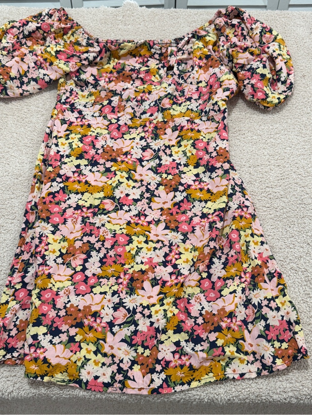 Billabong Floral Smocked Puff Sleeve Dress Women’s M Multicolor Boho Surf